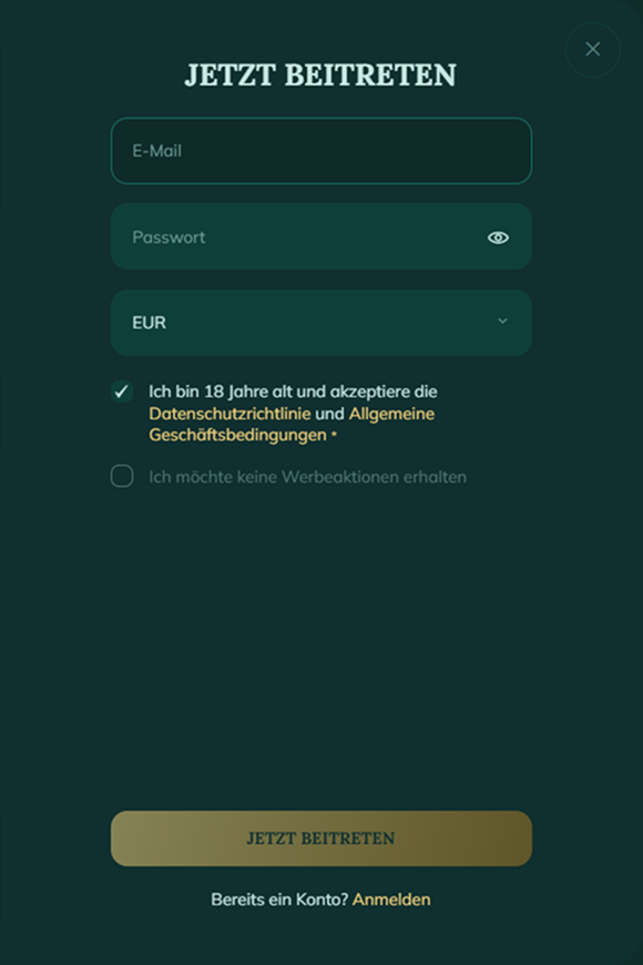 registration Royalen Registrierung E-Mail Passwort EUR