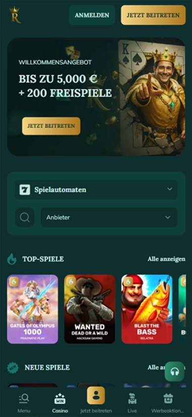 screen-1 Royalen Startseite mobil 5.000 € 200 Freispiele