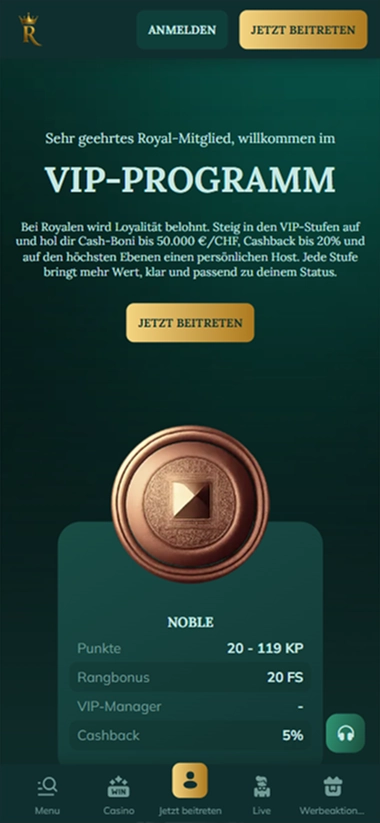 Royalen VIP-Programm Noble Cashback 5%